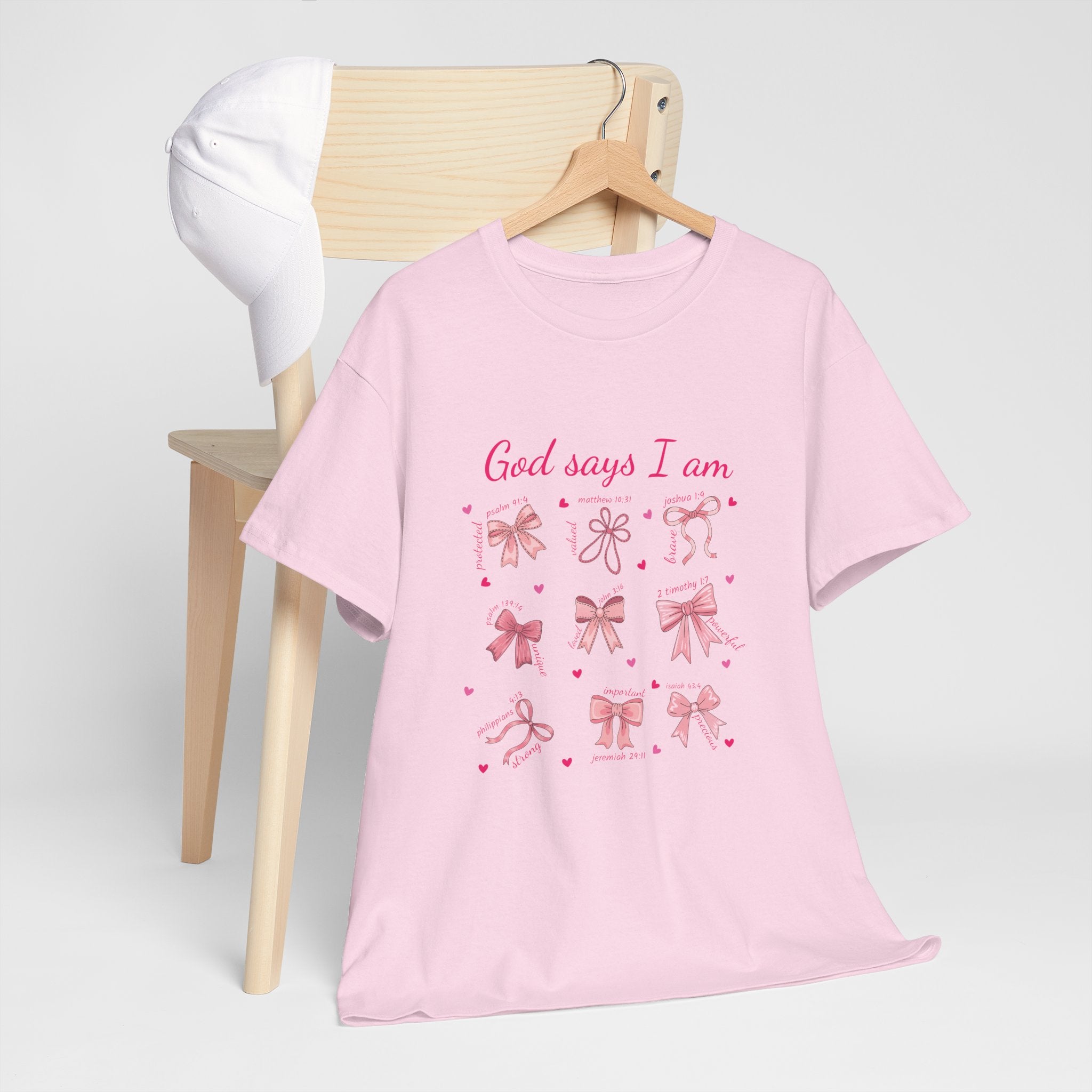 God Says I Am Christian Tee — Pink Affirmation T-Shirt with Bible Verse Bows.Unisex Cotton Tee