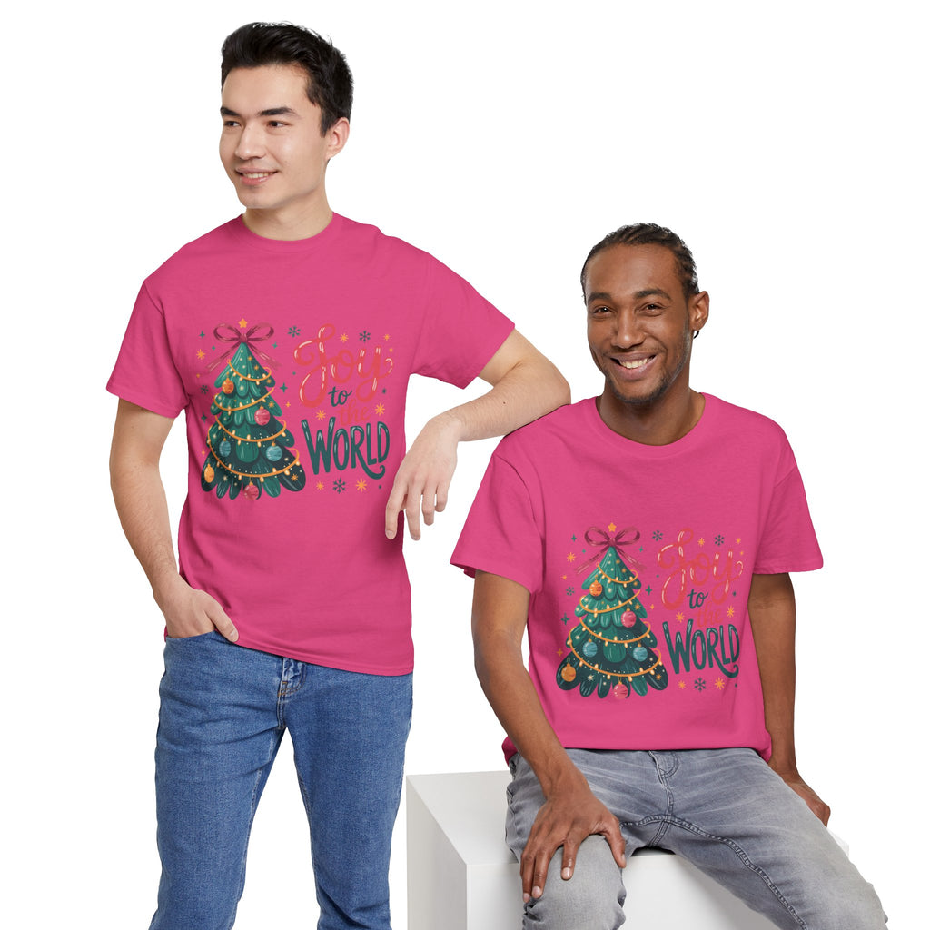 Joy to the World Christmas Tee — Festive Tree with Pink Bow..Unisex Cotton Tee