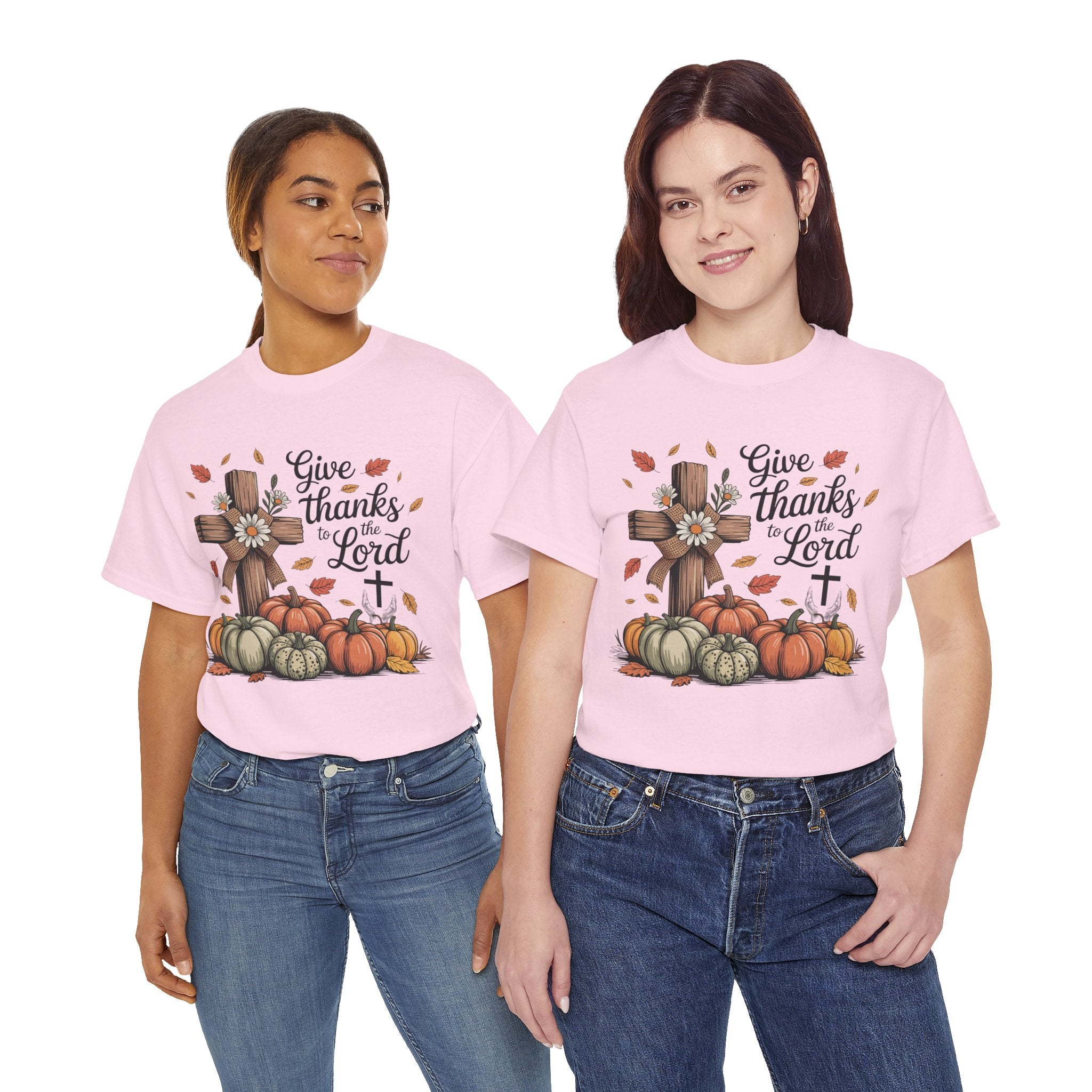 Give Thanks to the Lord Autumn Tee — Wooden Cross, Pumpkins & Daisies..Unisex Cotton Tee