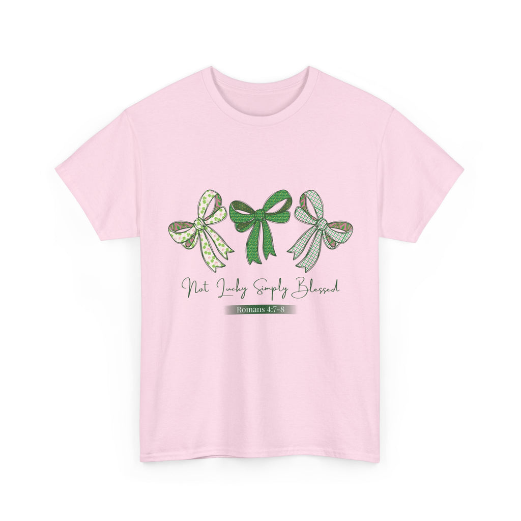 Not Lucky Simply Blessed Tee — Romans 4:7-8 Green Bow Christian Unisex Cotton T-Shirt