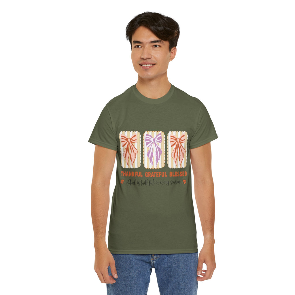 Thankful Grateful Blessed Fall Tee — God Is Faithful Pastel Bows..Unisex Cotton Tee