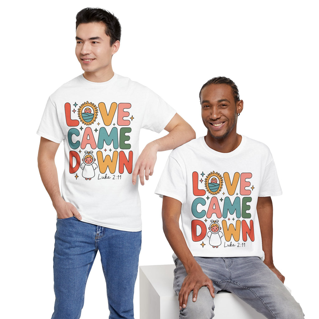 Love Came Down Christmas Tee — Baby Jesus Manger Angel (Luke 2:11)..Unisex Cotton Tee