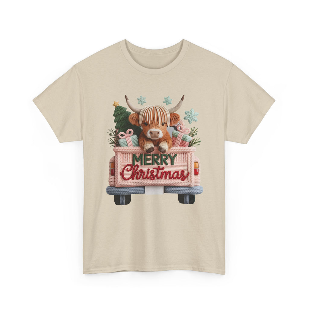 Merry Christmas Highland Cow Knit Truck Unisex Cotton T-Shirt