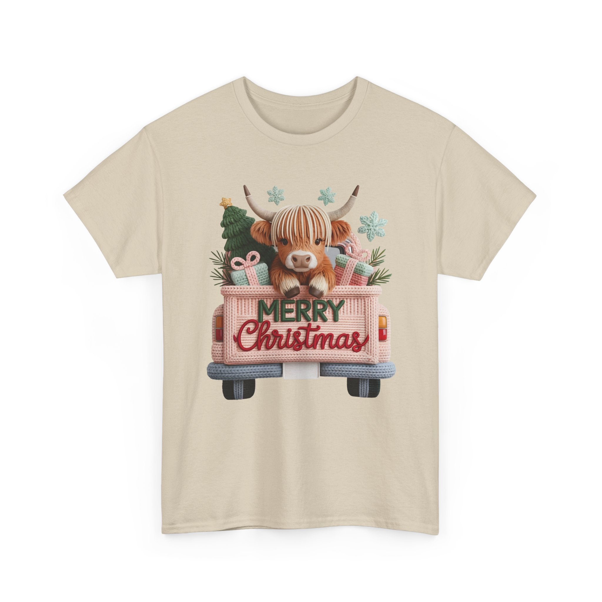 Merry Christmas Highland Cow Knit Truck Unisex Cotton T-Shirt