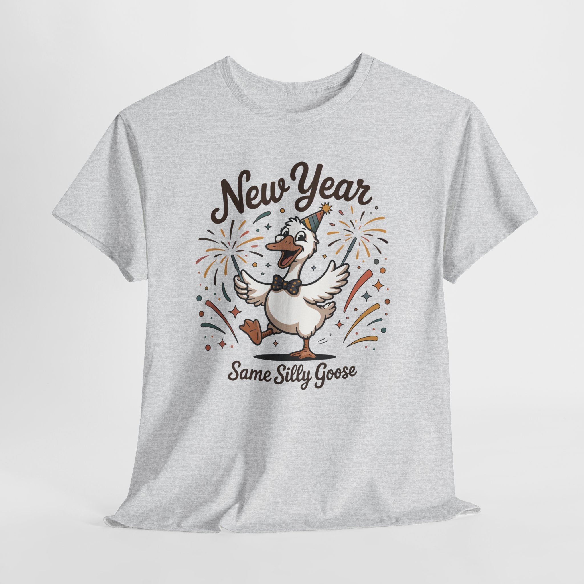 Happy Goose New Year T-Shirt — Party Hat, Fireworks & Confetti Unisex Cotton Tee