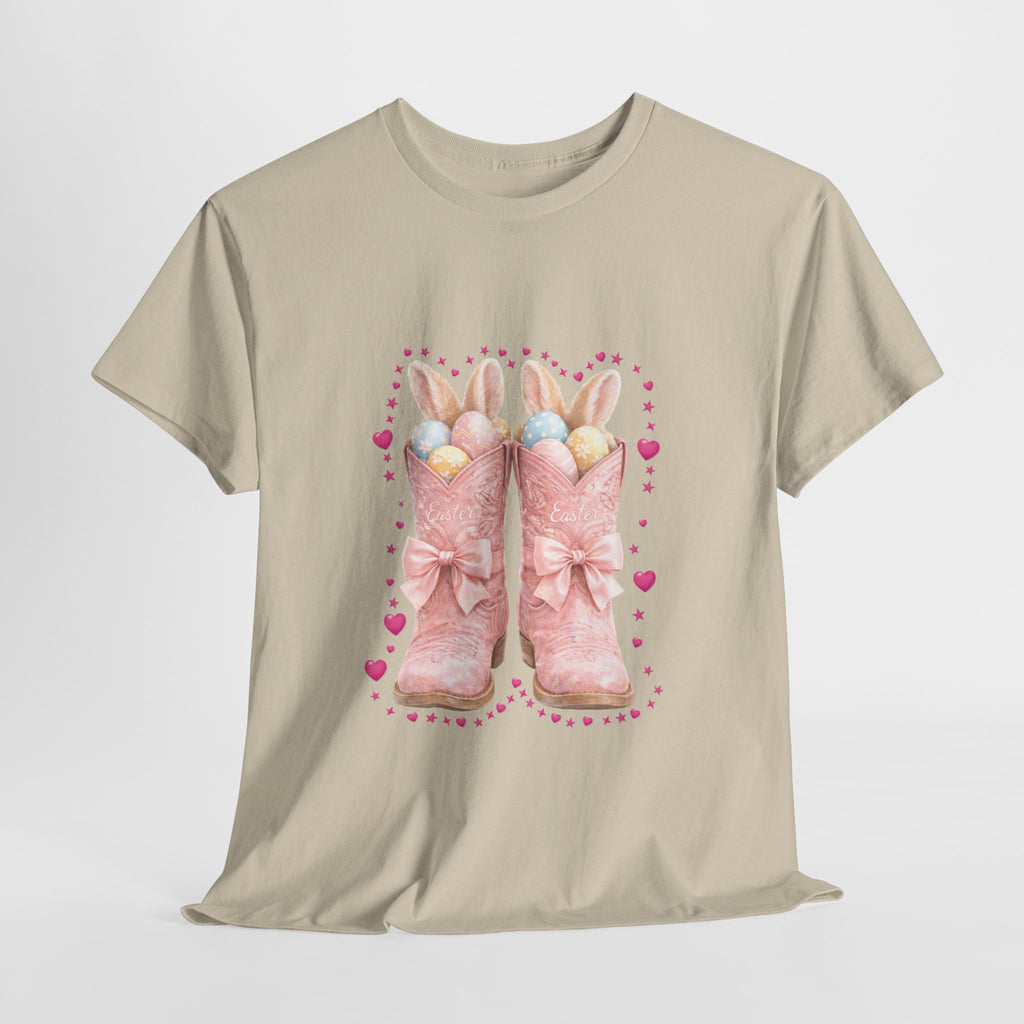 Easter Pink Western Boots Tee — Pastel Bunny Eggs & Bows Unisex Cotton Tee