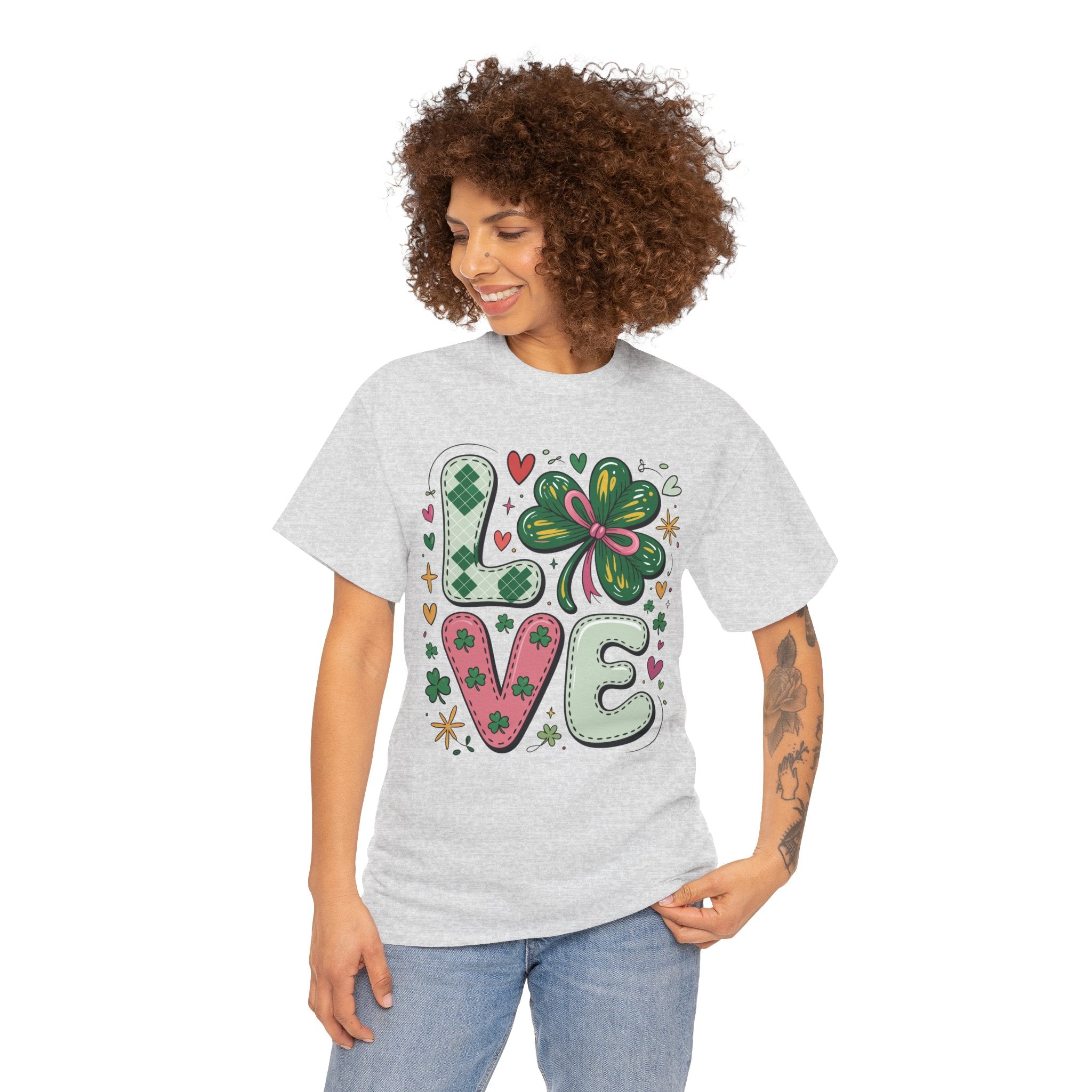 Stitched Clover 'LOVE' Tee — Heart & Patchwork St. Patrick's Unisex Cotton T-Shirt
