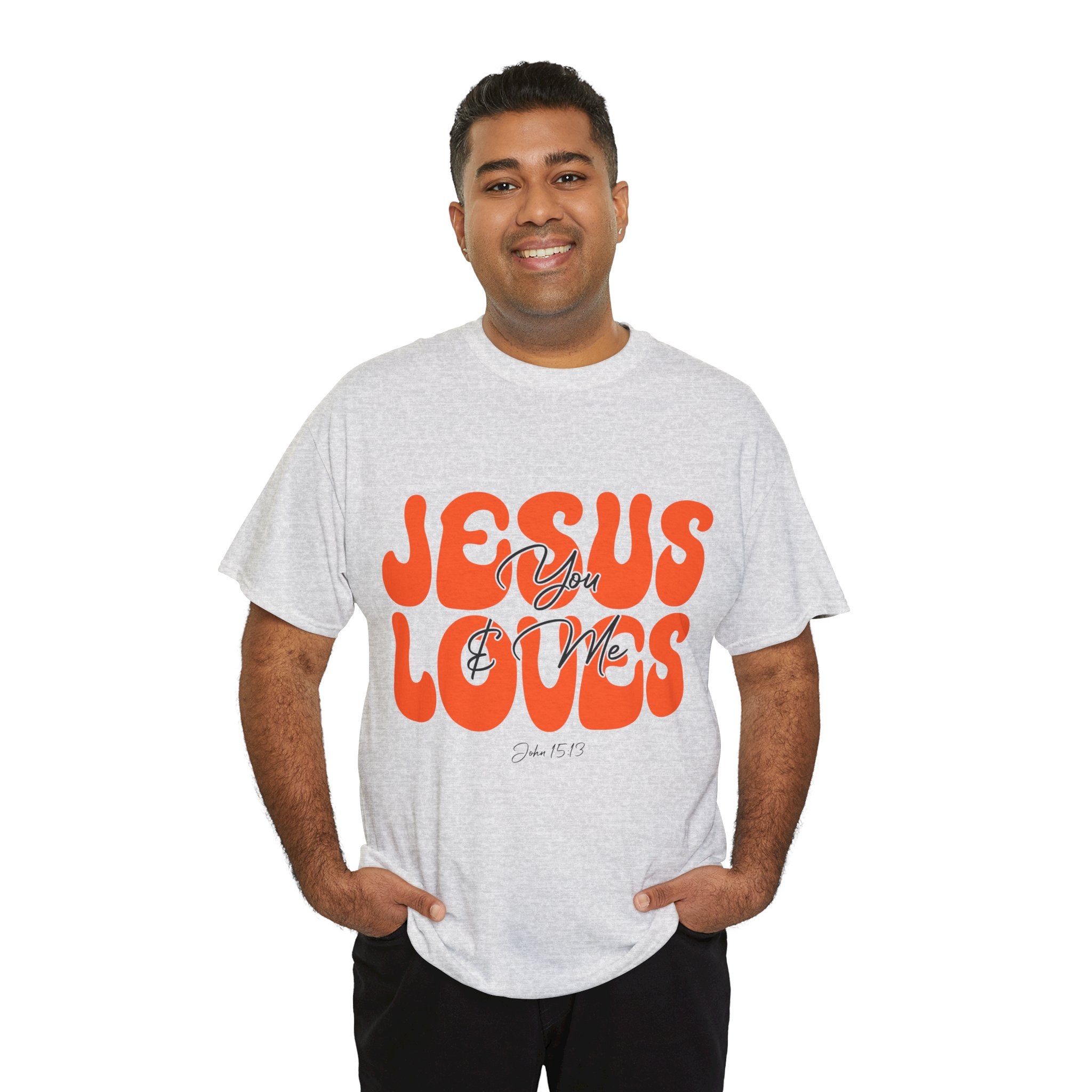 Jesus Loves You & Me Retro Tee — Playful Orange Bubbly Christian Unisex Cotton T-Shirt