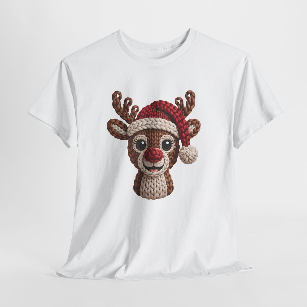 Reindeer in Santa Hat Cotton Tee — Joyful Faux-Yarn Holiday Unisex Coton T-Shirt