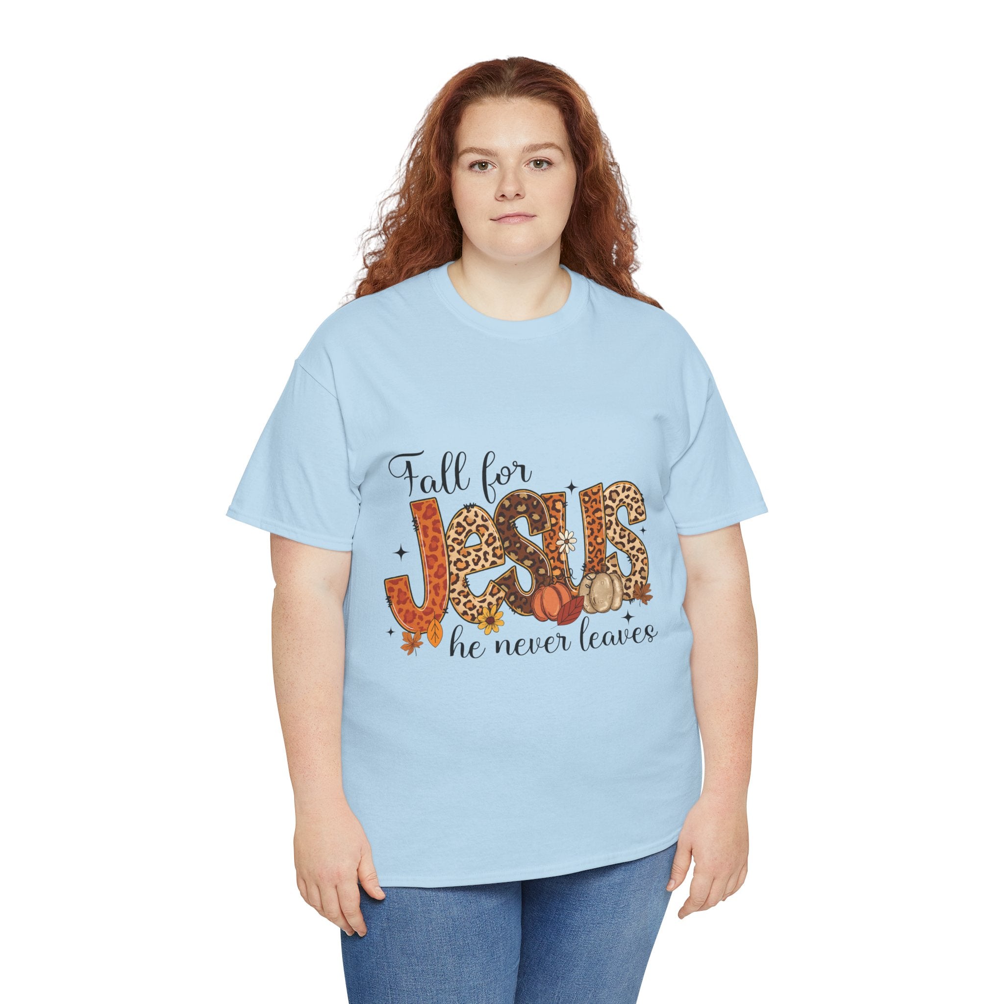 JESUS Leopard Print Fall T-Shirt — Pumpkins, Leaves & Floral Christian Unisex Cotton Tee