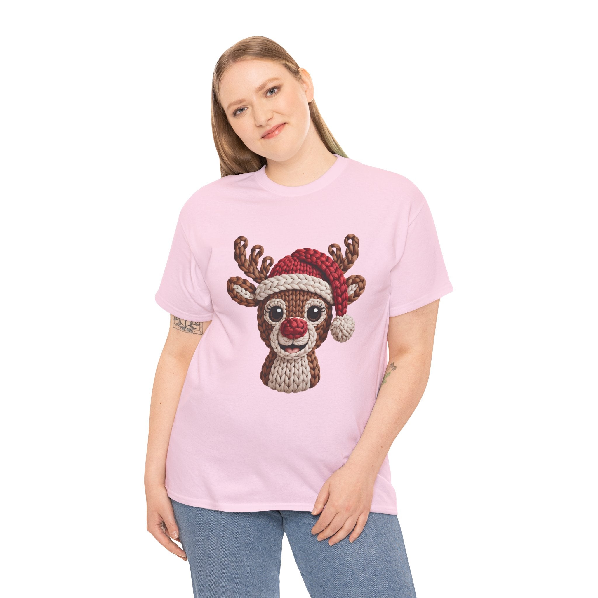 Reindeer in Santa Hat Cotton Tee — Joyful Faux-Yarn Holiday Unisex Coton T-Shirt