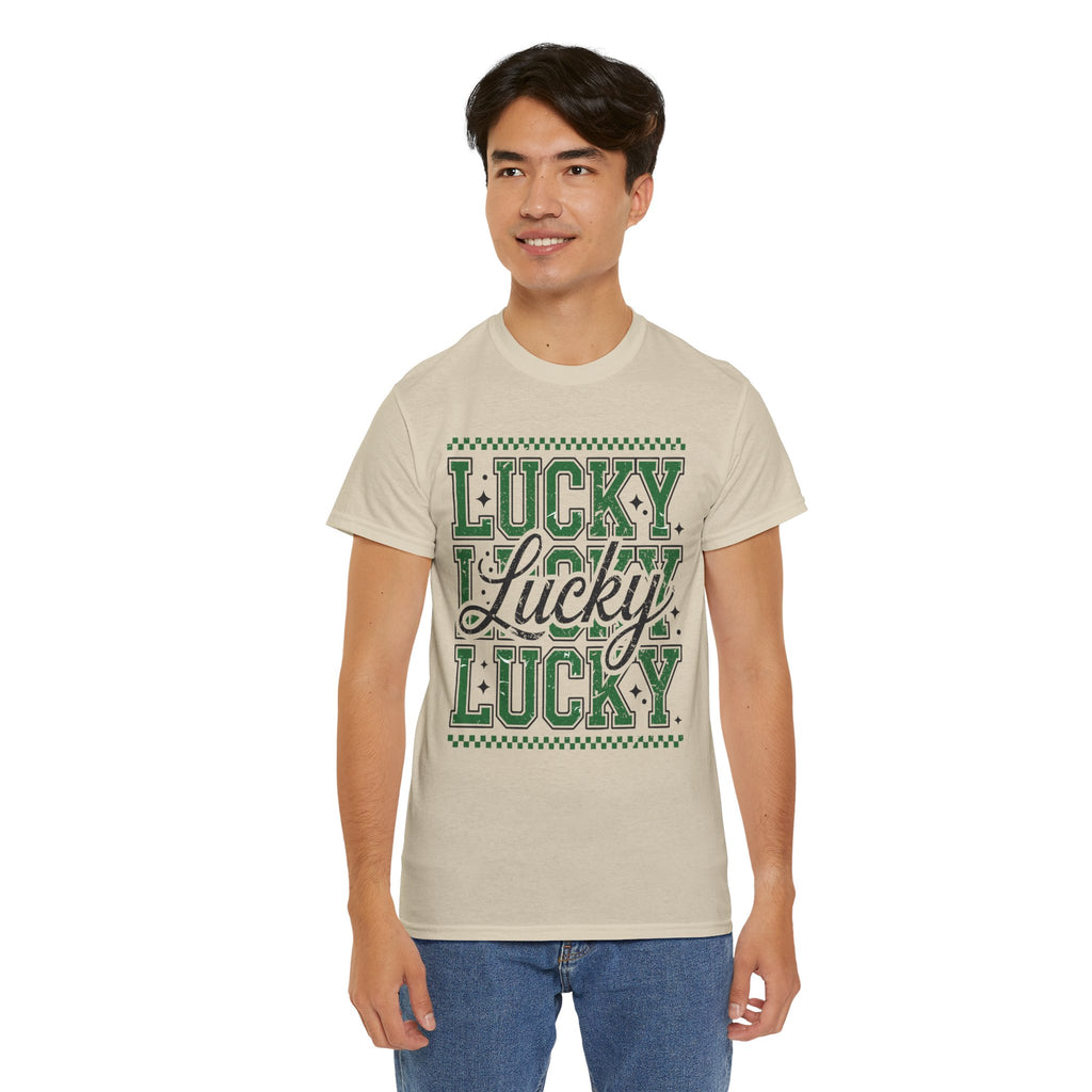 Lucky Varsity Tee — Layered Green ‘Lucky’ Graphic Unisex Cotton Tee