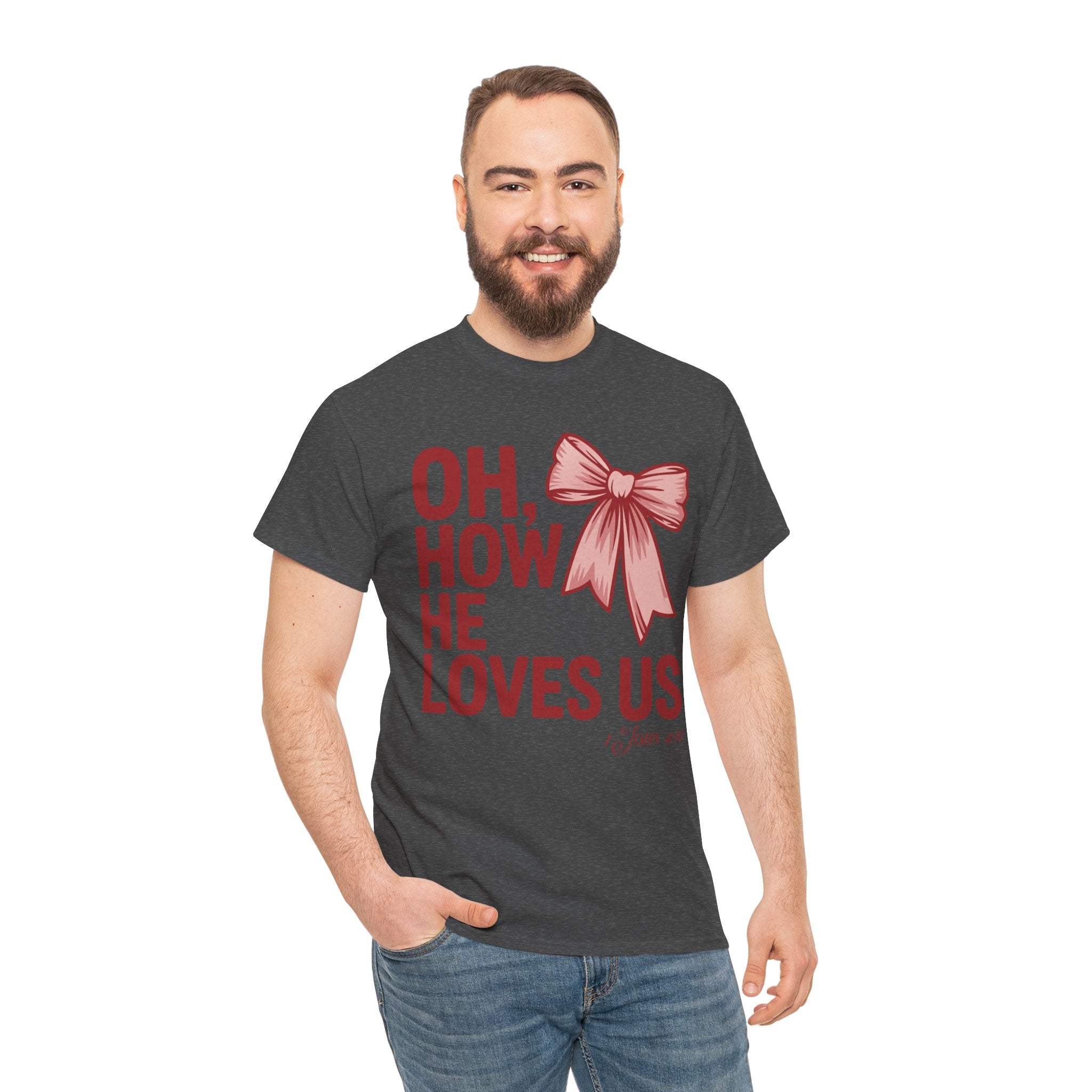 Oh, How He Loves Us Christian Valentine Tee — 1 John 4:10 Red & Pink Unisex Cotton Tee