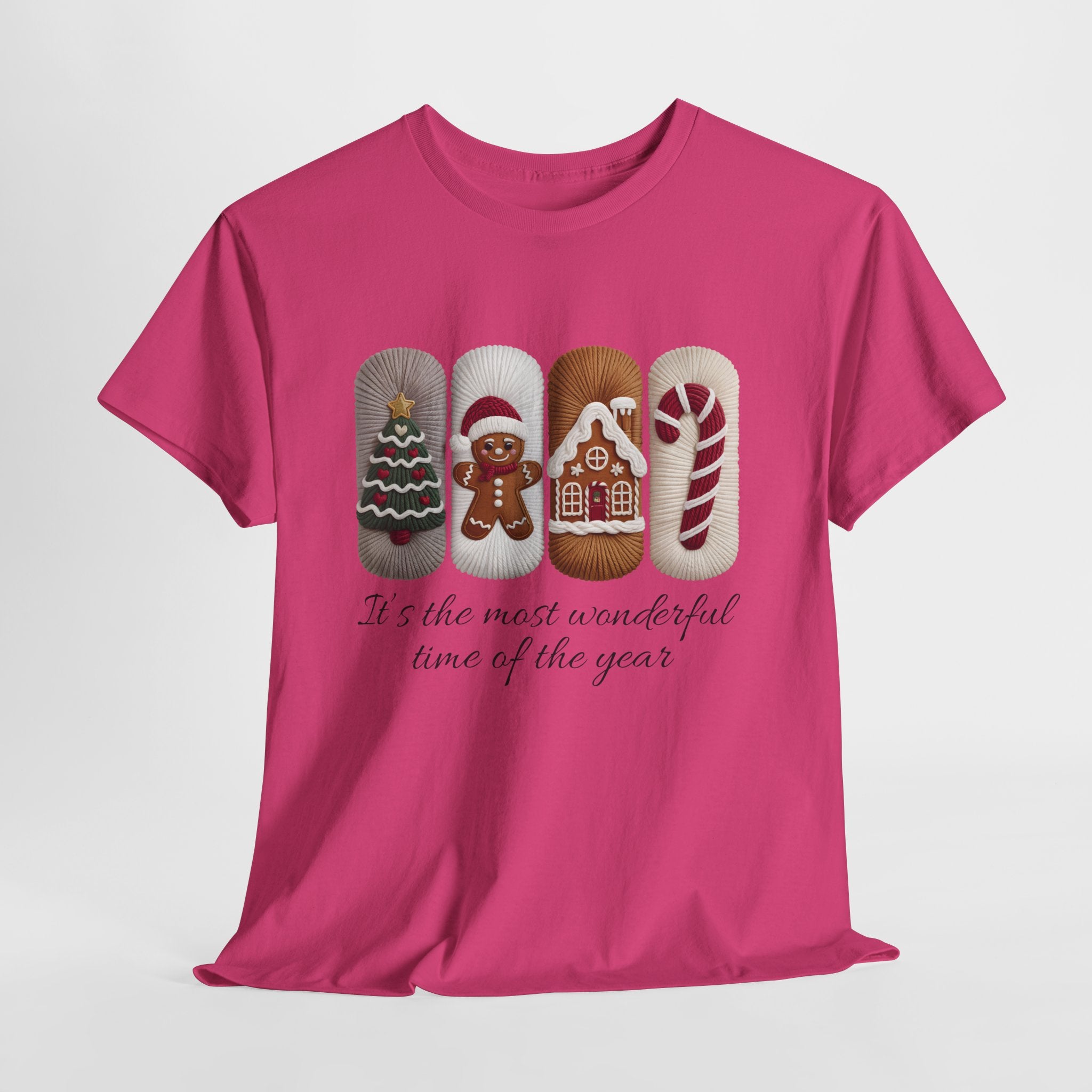 Christmas Faux-Yarn Tree Tee — Gingerbread House & Candy Cane Holiday Unisex Cotton T-Shirt