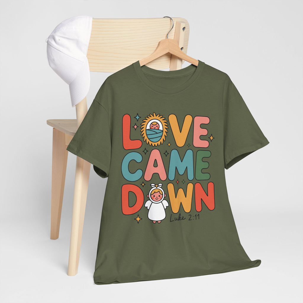 Love Came Down Christmas Tee — Baby Jesus Manger Angel (Luke 2:11)..Unisex Cotton Tee