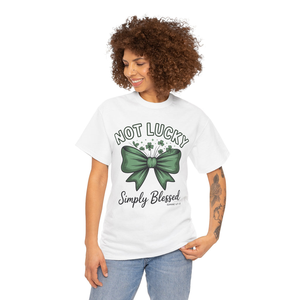 Not Lucky, Simply Blessed T-Shirt — Green Bow & Clovers St. Patrick’s Unisex Cotton Tee