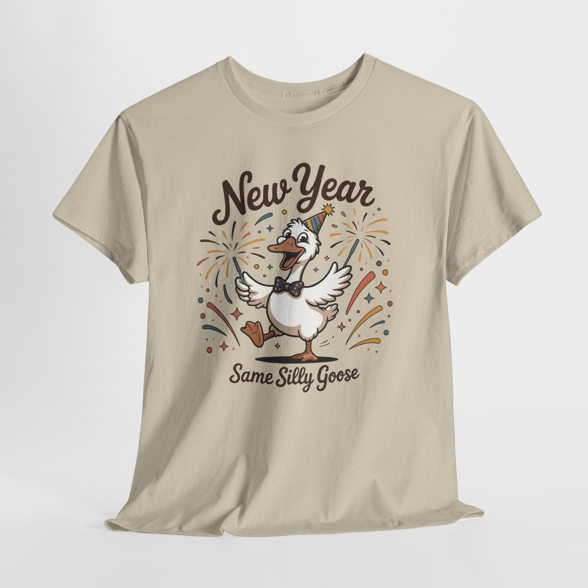 Happy Goose New Year T-Shirt — Party Hat, Fireworks & Confetti Unisex Cotton Tee