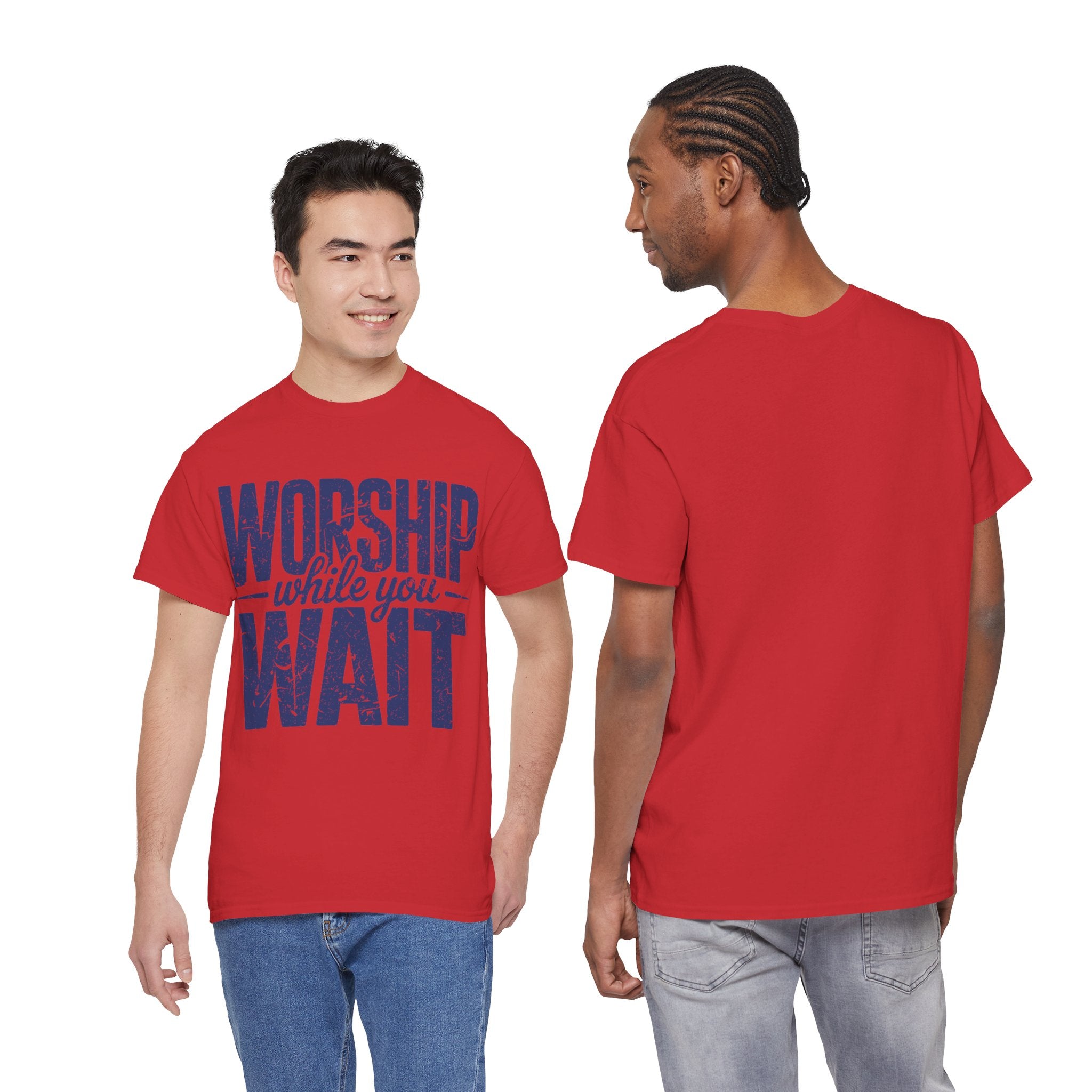 Worship While You Wait T‑Shirt — Distressed Pastel Blue Faith Unisex Cotton Tee