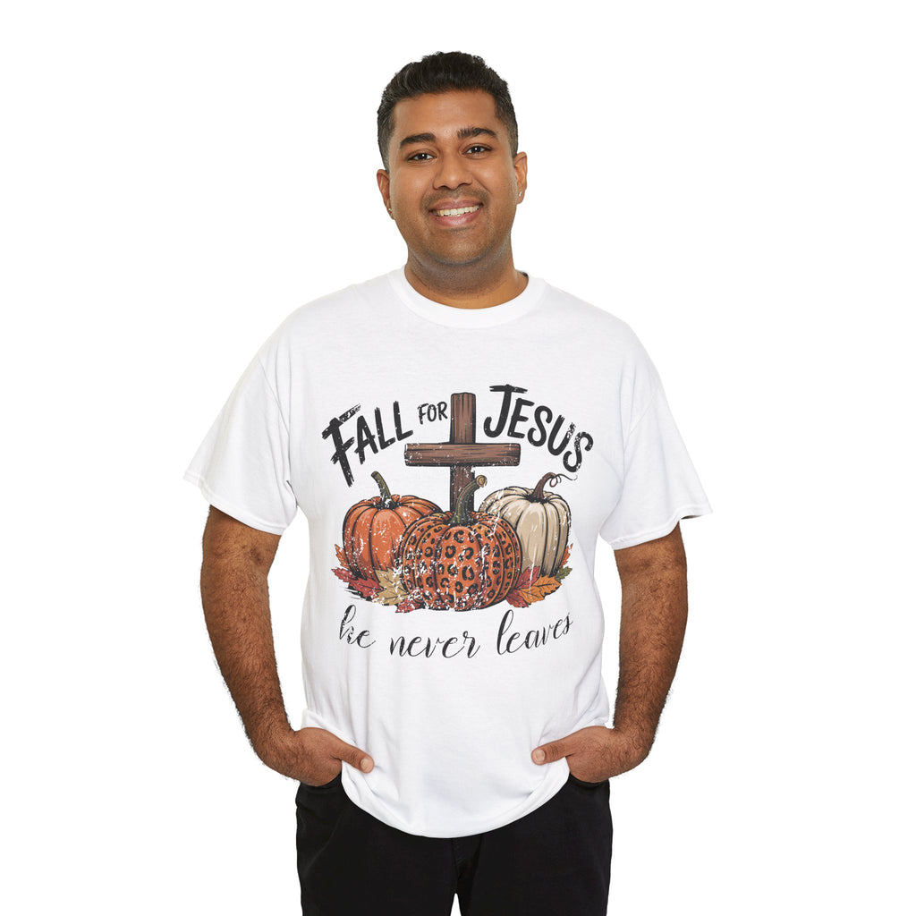 Fall for Jesus Pumpkin Cross Tee — "He Never Leaves" Autumn Christian Unisex Cotton T-Shirt