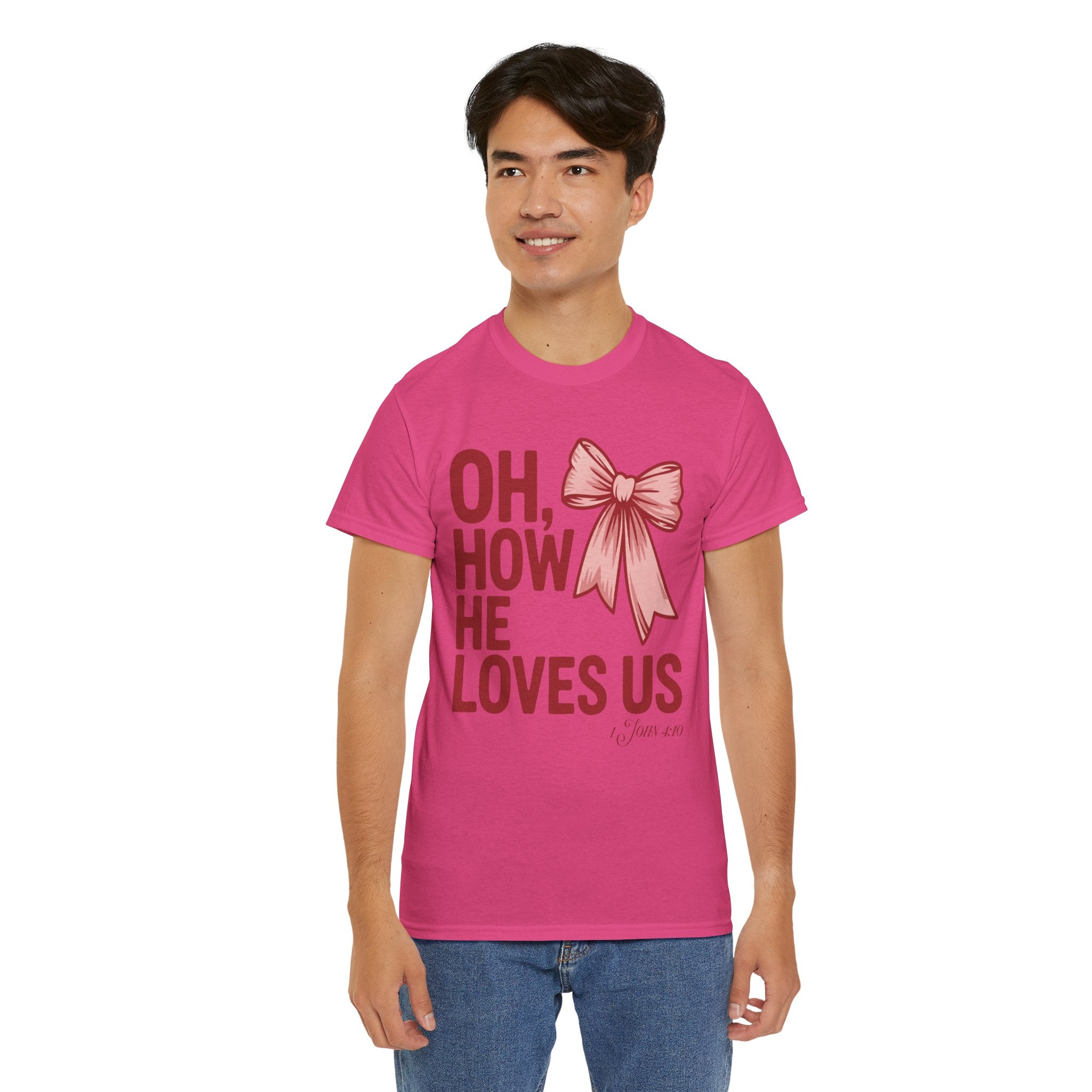 Oh, How He Loves Us Christian Valentine Tee — 1 John 4:10 Red & Pink Unisex Cotton Tee
