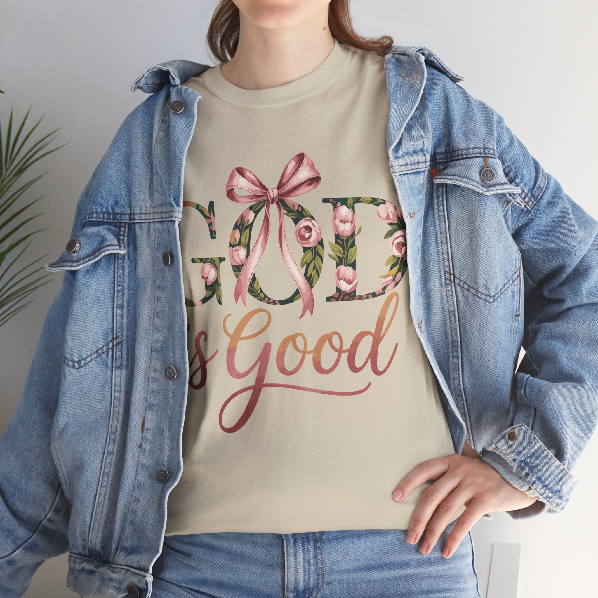 God Is Good Pink Rose Tee — Floral Ribbon Faith Unisex Cotton T-Shirt