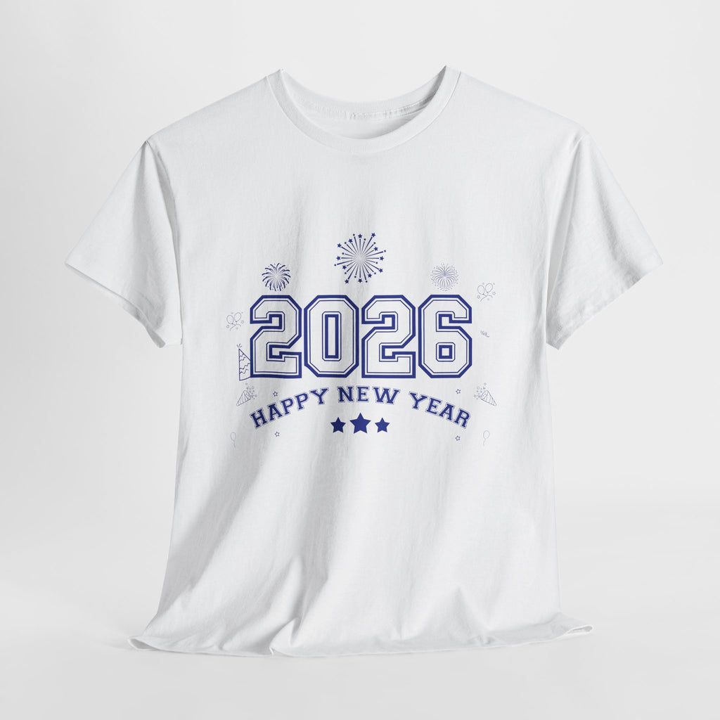 Happy New Year 2026 Varsity Tee — Fireworks & Confetti Celebration Unisex Cotton Tee