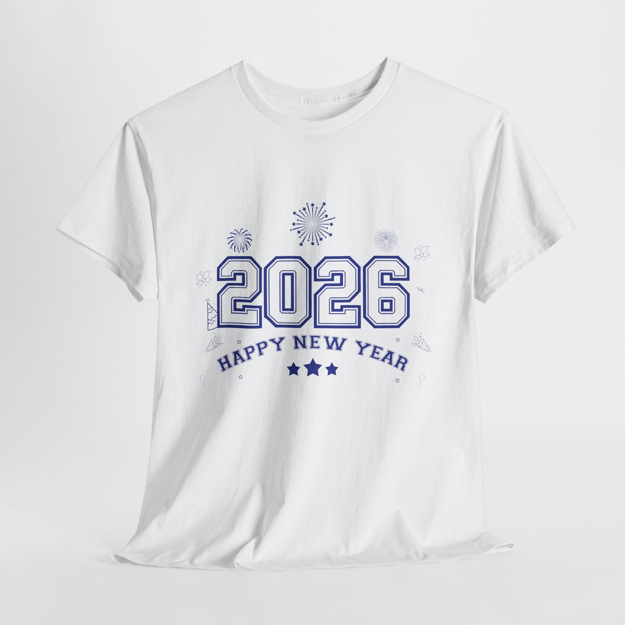 Happy New Year 2026 Varsity Tee — Fireworks & Confetti Celebration Unisex Cotton Tee
