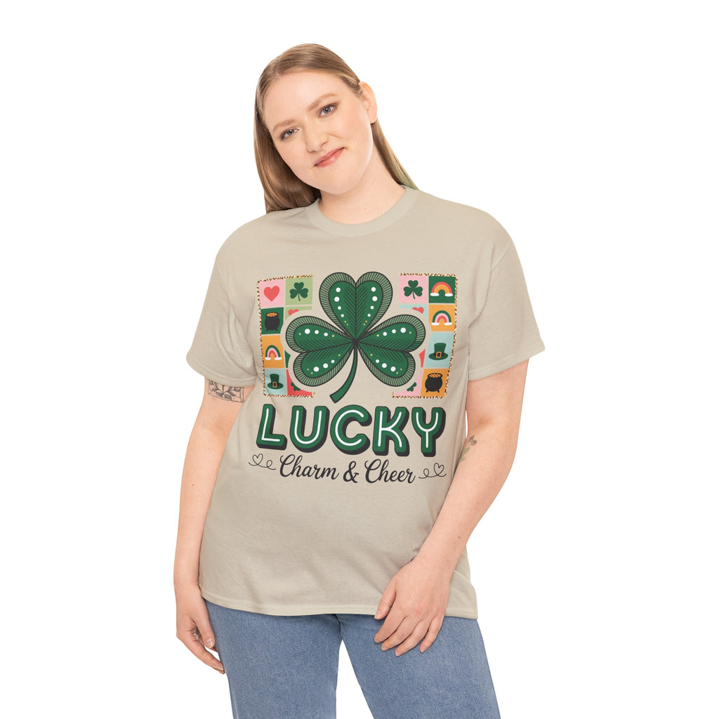 Lucky Charm & Cheer Clover Tee — Patchwork St. Patrick’s Day Unisex Cotton T-Shirt