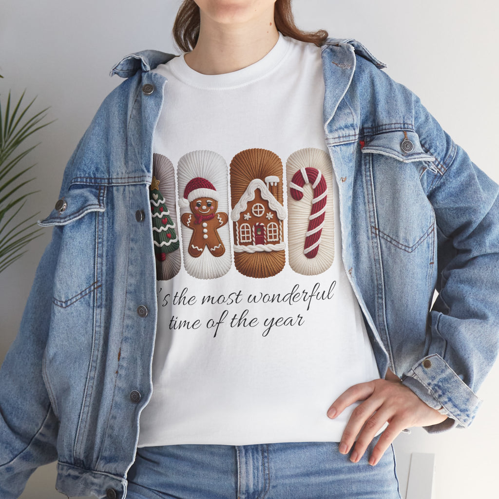 Christmas Faux-Yarn Tree Tee — Gingerbread House & Candy Cane Holiday Unisex Cotton T-Shirt