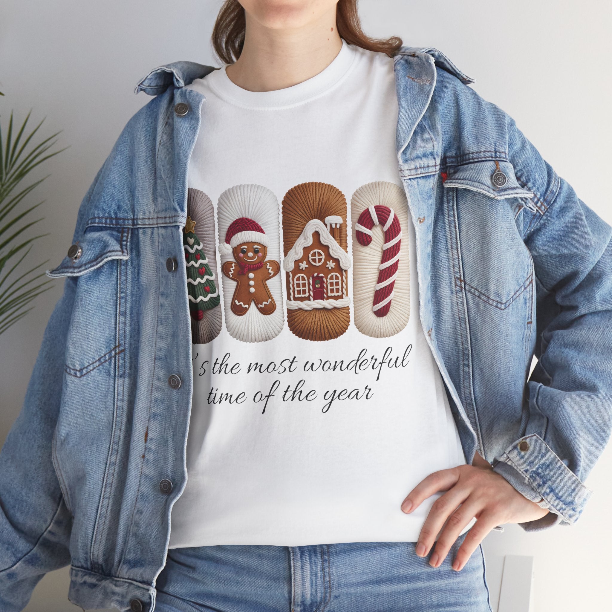 Christmas Faux-Yarn Tree Tee — Gingerbread House & Candy Cane Holiday Unisex Cotton T-Shirt