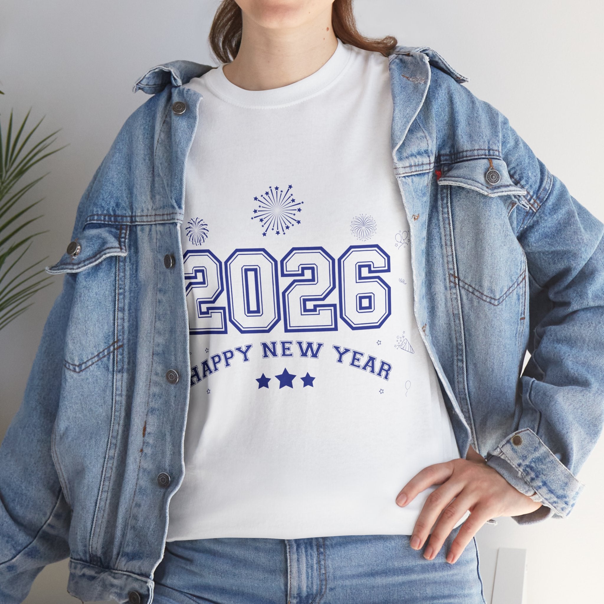 Happy New Year 2026 Varsity Tee — Fireworks & Confetti Celebration Unisex Cotton Tee