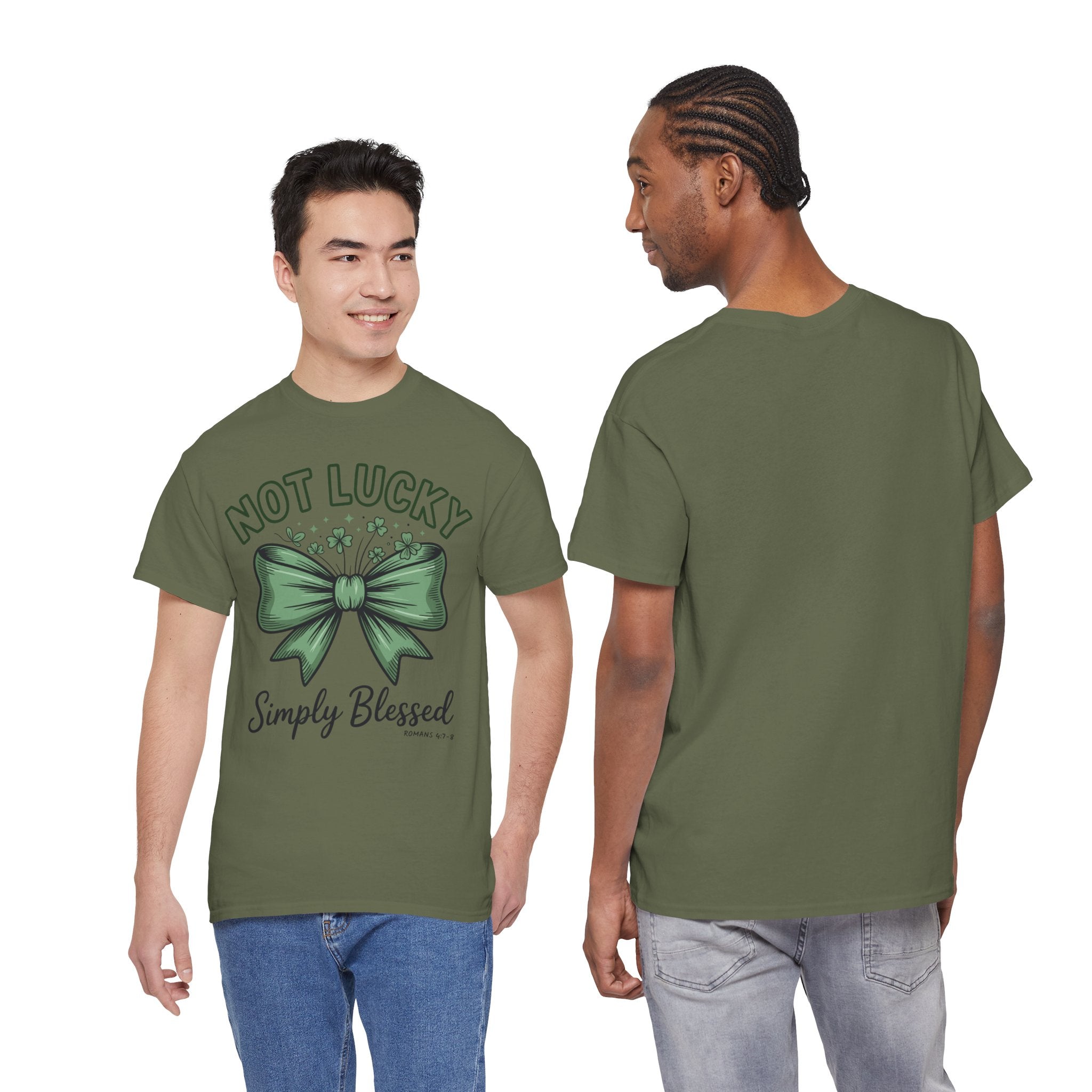 Not Lucky, Simply Blessed T-Shirt — Green Bow & Clovers St. Patrick’s Unisex Cotton Tee