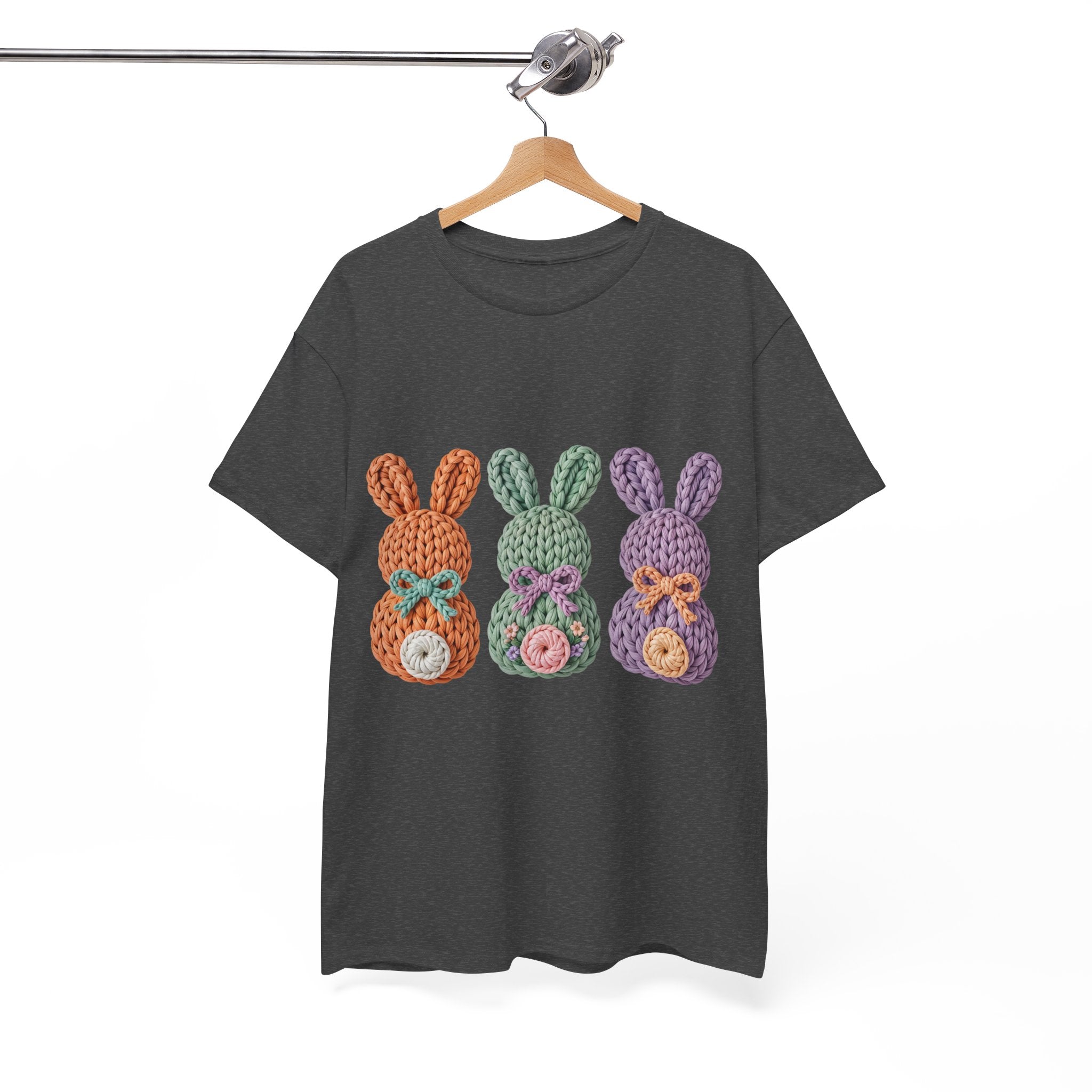 Pastel Crochet Bunny Tee — Trio of Faux Knit Bunnies with Bows & Flowers Unisex Cotton Tee