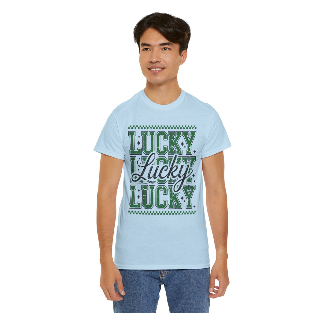 Lucky Varsity Tee — Layered Green ‘Lucky’ Graphic Unisex Cotton Tee