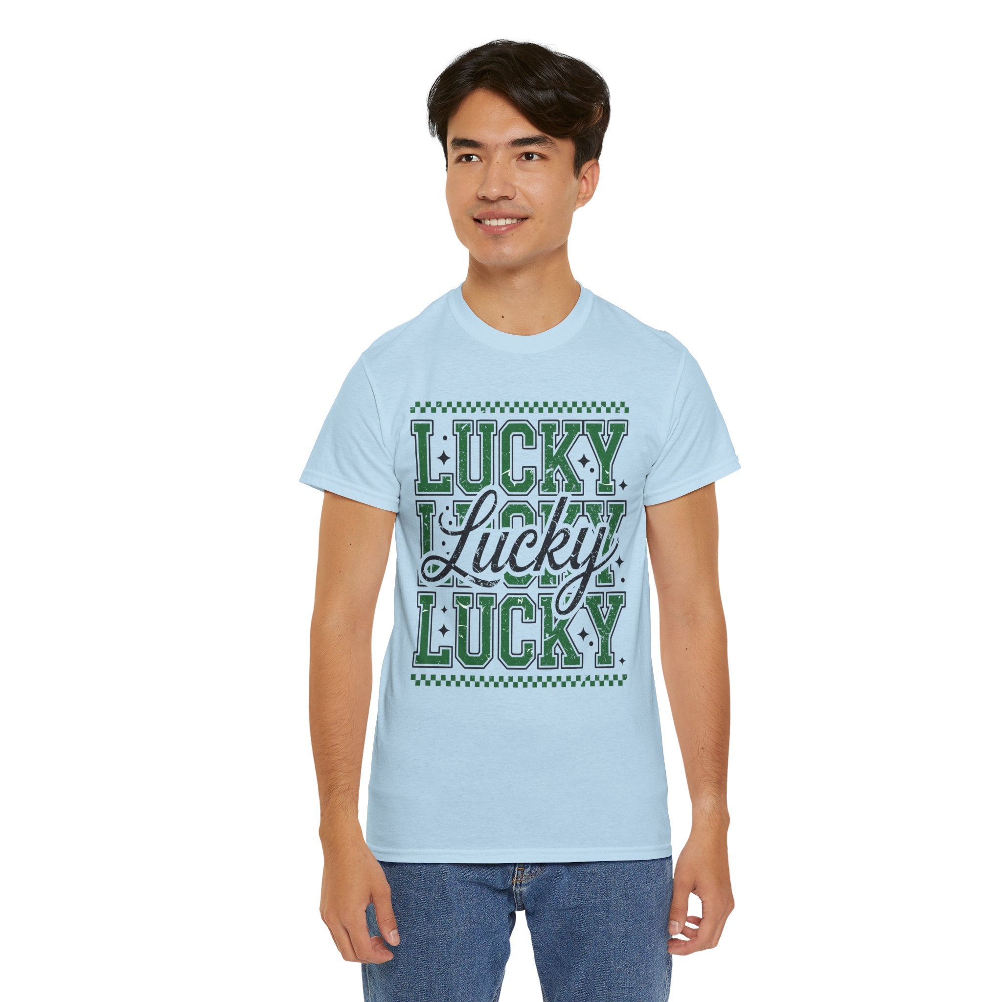 Lucky Varsity Tee — Layered Green ‘Lucky’ Graphic Unisex Cotton Tee