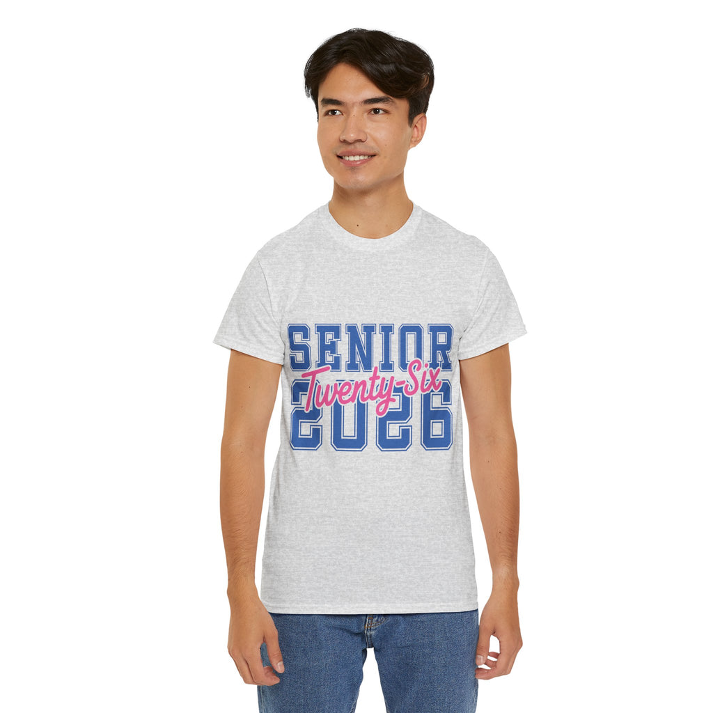 Senior 2026 Tee — Pink Varsity Block with Blue Script Overlay Unisex Cotton Tee