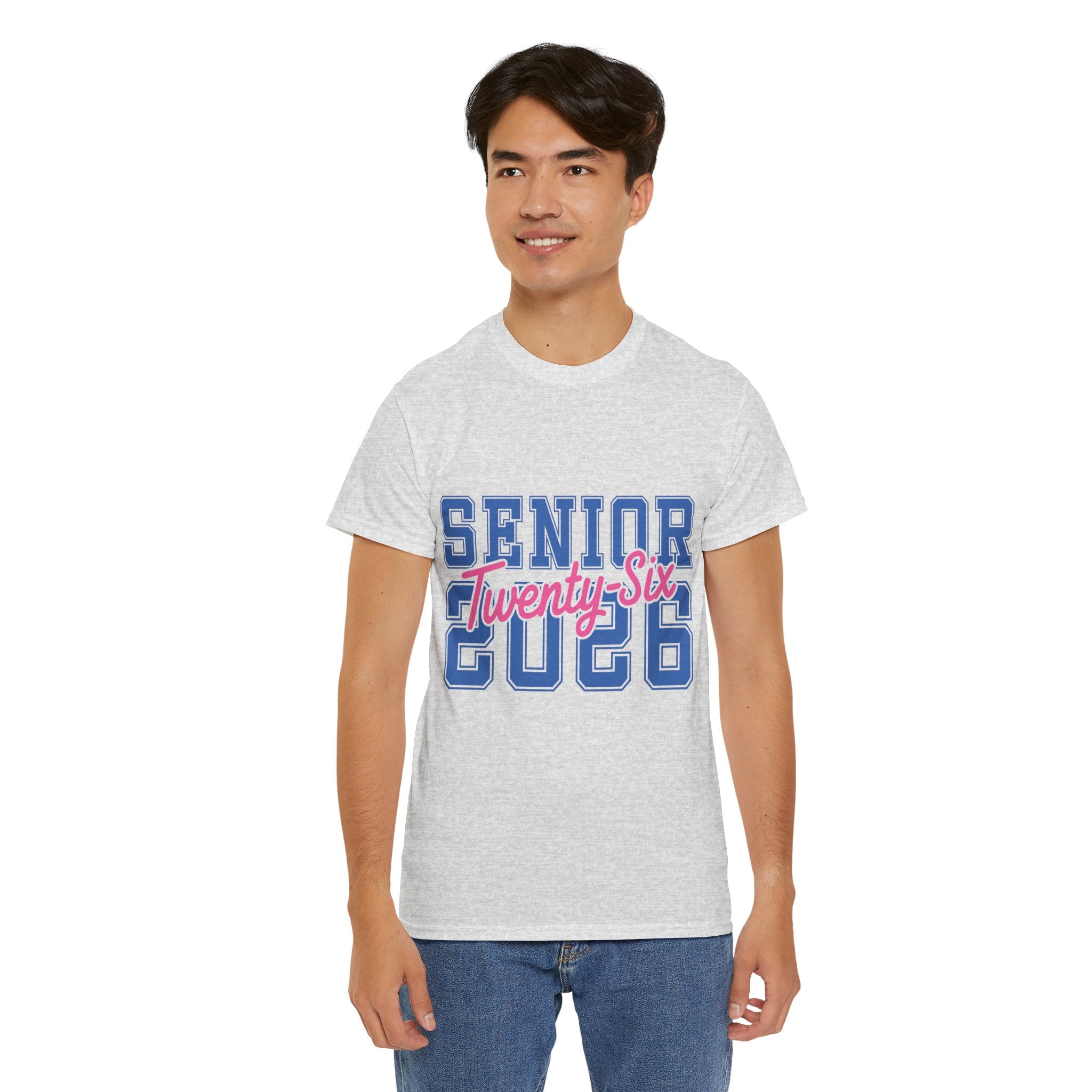 Senior 2026 Tee — Pink Varsity Block with Blue Script Overlay Unisex Cotton Tee