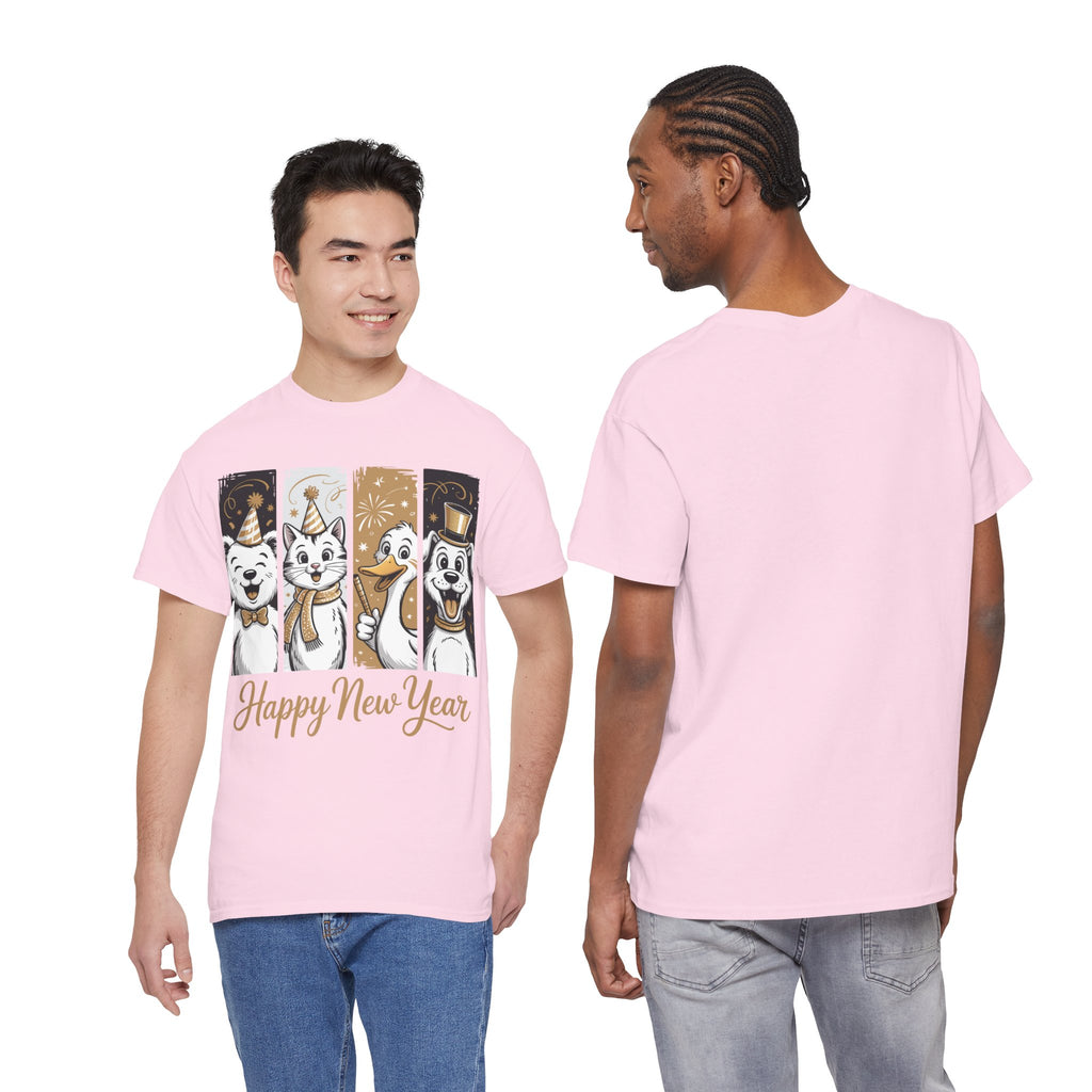 Happy New Year Party Animals T-Shirt — Cute Smiling Animals in Party Hats & Gold Fireworks..Unisex Cotton Tee