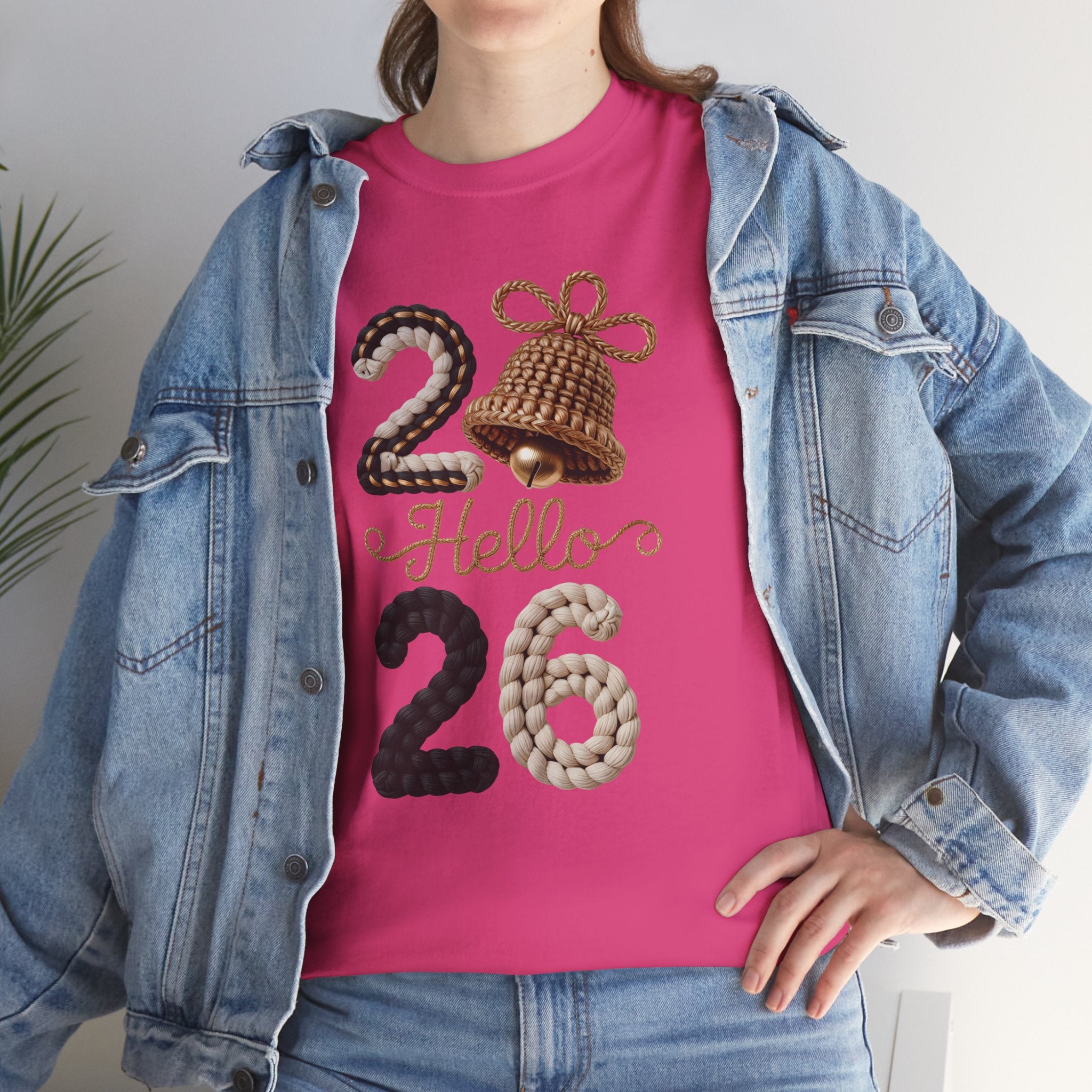 Hello 2026 Tee — Cozy Faux Yarn Braided Numbers with Woven Golden Bell..Unisex Cotton Tee