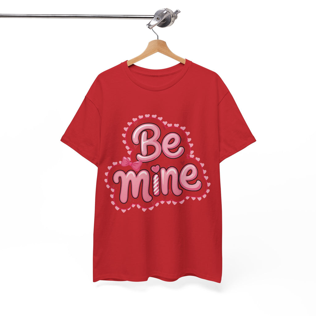 Be Mine Valentine T-Shirt — Pink Bubble Letters with Hearts & Bow..Unisex Cotton Tee