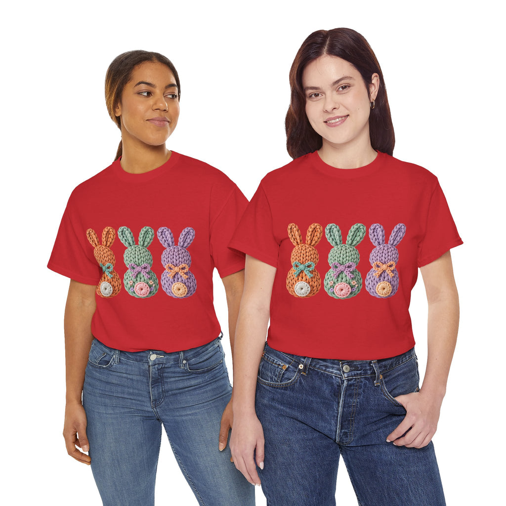 Pastel Crochet Bunny Tee — Trio of Faux Knit Bunnies with Bows & Flowers Unisex Cotton Tee