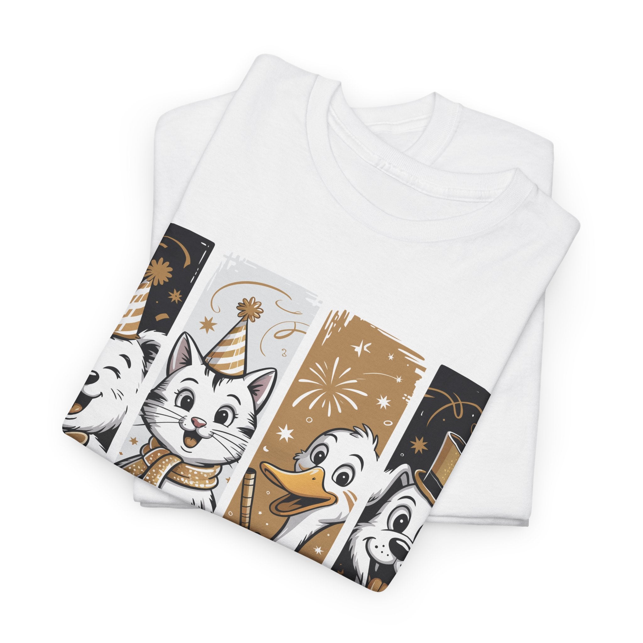 Happy New Year Party Animals T-Shirt — Cute Smiling Animals in Party Hats & Gold Fireworks..Unisex Cotton Tee