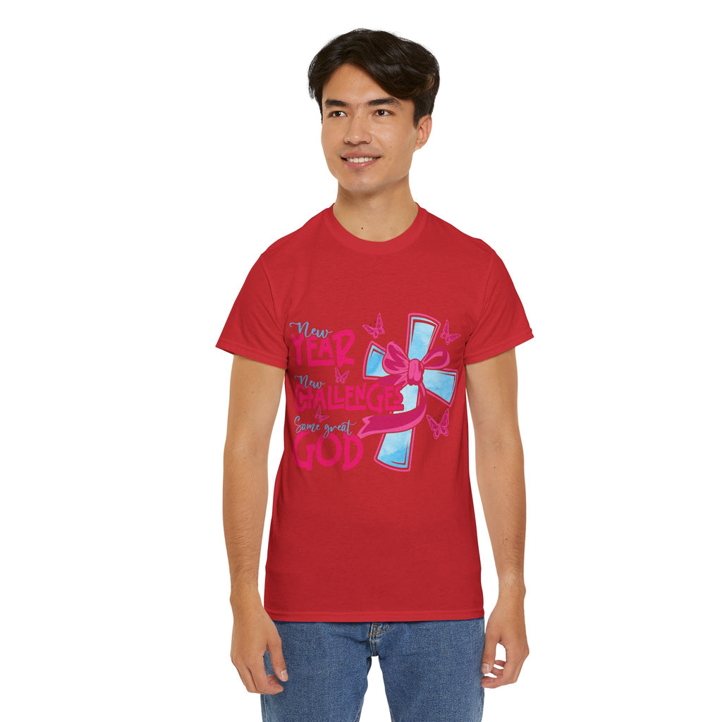 Christian T-Shirt — “New Year, New Challenges, Same Great God” with Pink Bow Cross & Butterflies. Unisex Cotton Tee