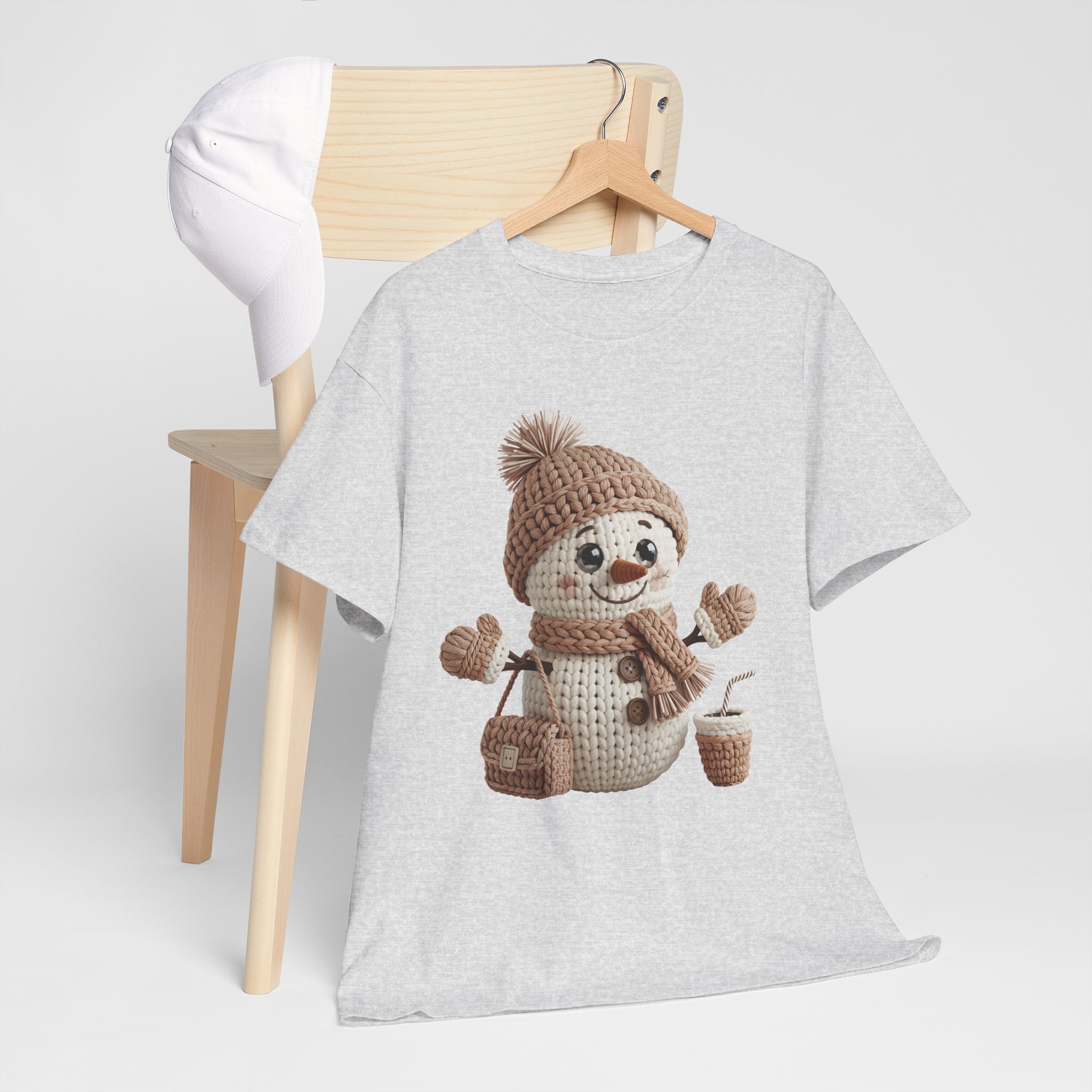 Snowman Knit‑Style Graphic Tee — Cute Faux‑Yarn Snowman with Hat, Scarf & Mittens.Unisex Cotton Tee