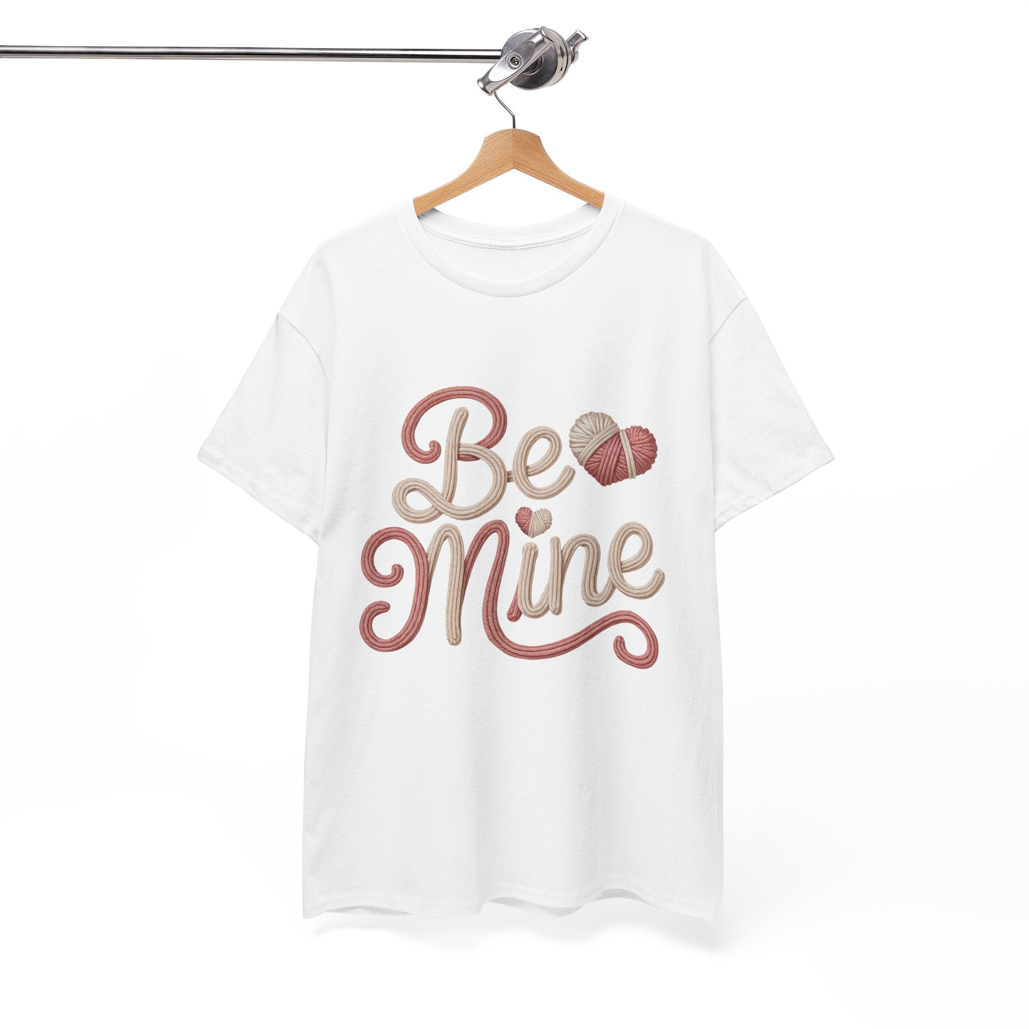 Be Mine Yarn Heart T-Shirt — Valentine’s Faux-Yarn Pink & Cream Unisex Cotton Tee