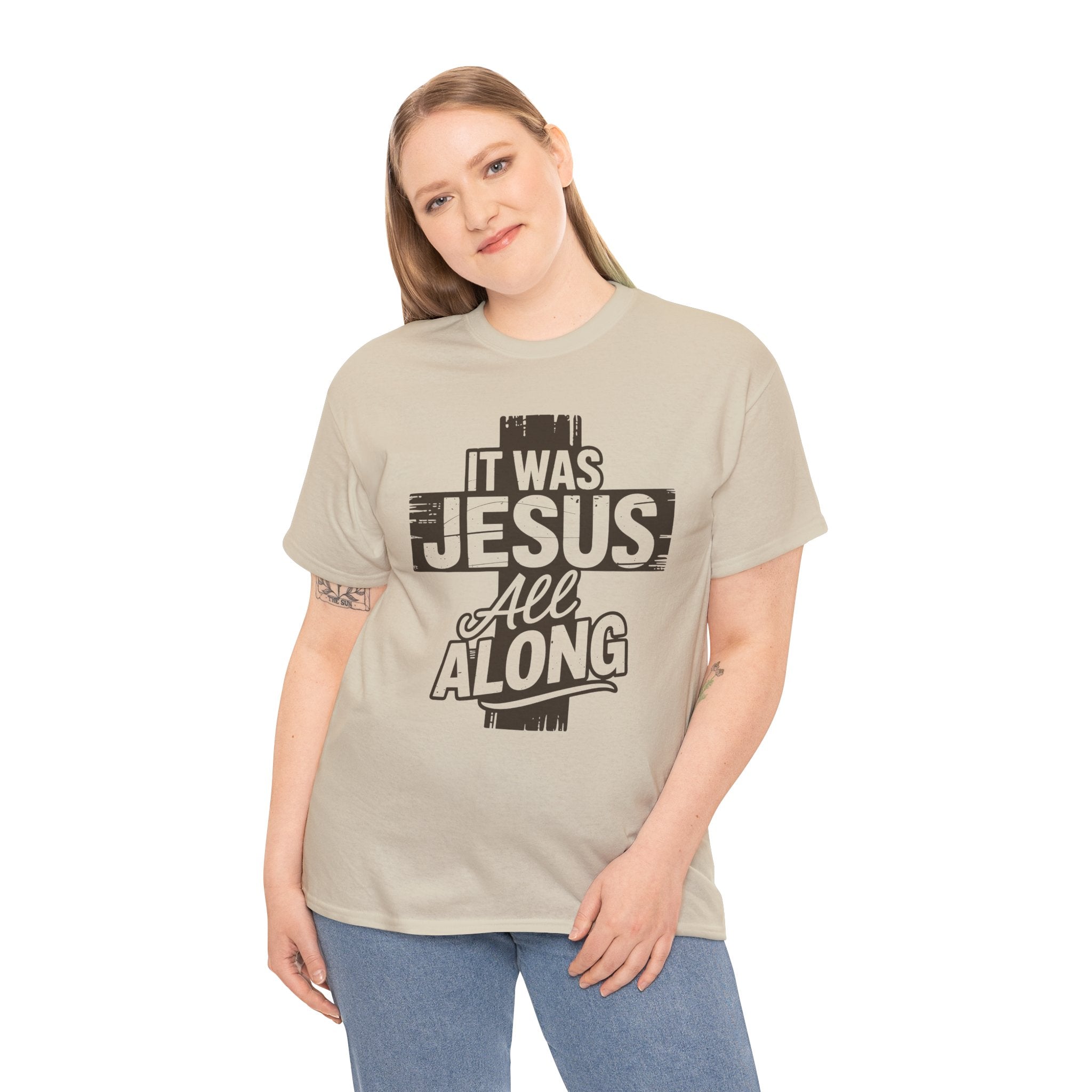 It Was Jesus All Along T-Shirt — Rustic Brown Cross Christian Unisex Cotton Tee