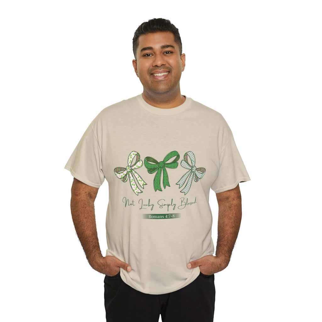 Not Lucky Simply Blessed Tee — Romans 4:7-8 Green Bow Christian Unisex Cotton T-Shirt