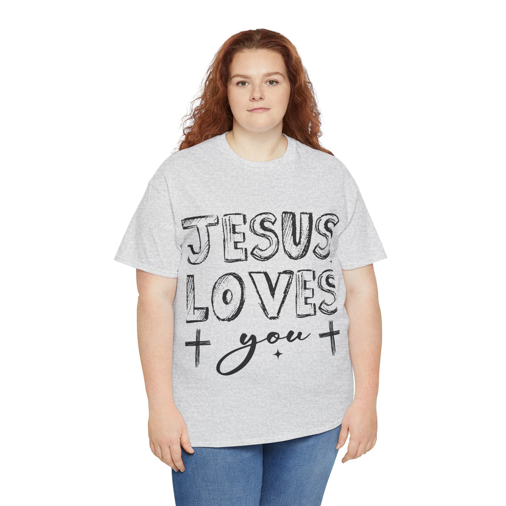 Jesus Loves You Chalk-Style Tee — Crosses & Stars Christian UNisex Cotton T-Shirt