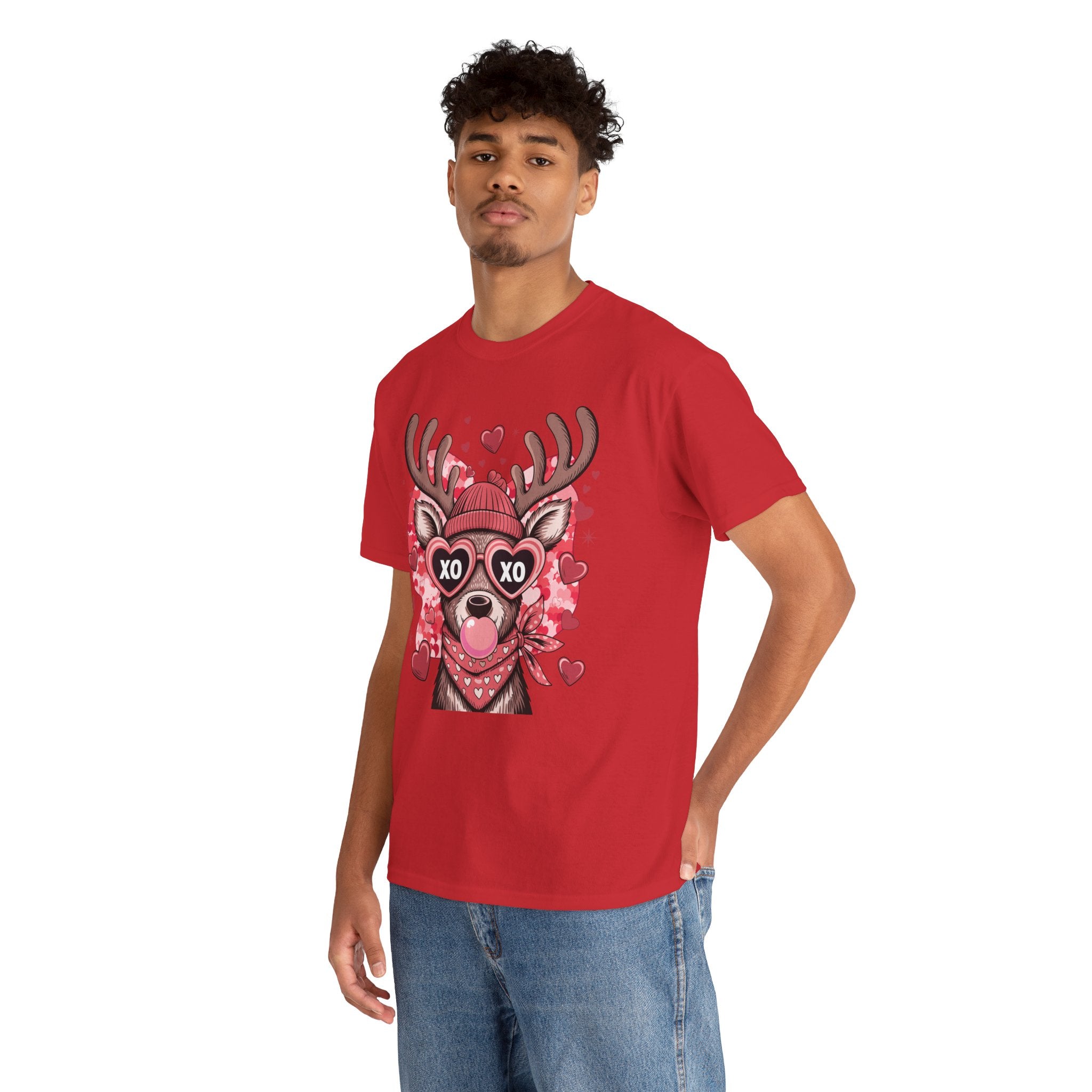 Valentine Deer Tee — Cute XO Heart Glasses, Beanie & Scarf Unisex Cotton Tshirt