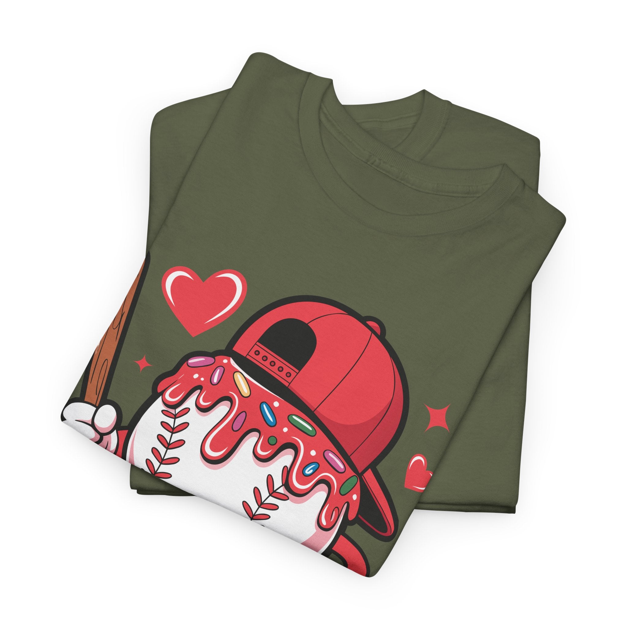 Cute Baseball Character T-Shirt — Red Cap & Icing Top Graphic with Hearts Unisex Cotton Tee